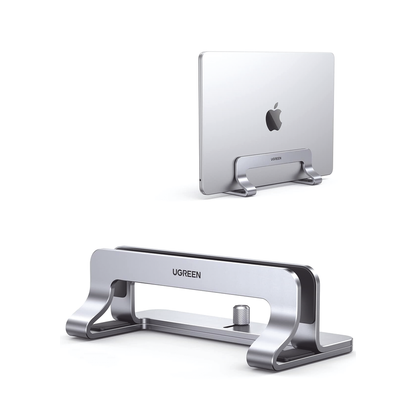Soporte Vertical para Laptop / Adecuado para escritorio / Anchura Ajustable (12-26mm) / Amplia compatibilidad / Anti-Arañazos / Anti-Deslizante /Ajustable Mediante Tornillos / Color Plata / Aluminio + Silicona