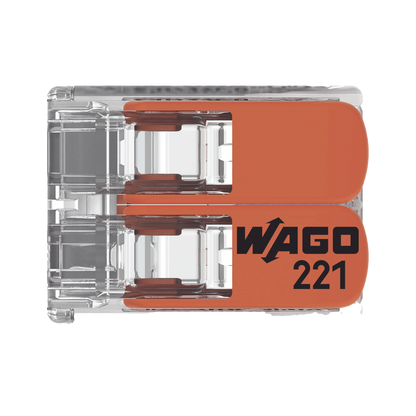 Borna de Conexión / Serie 221 / Palancas Naranja / 2 Conductores 4 mm² / Carcasa Transparente / 300V 20A / T85 / UL ENEC Certificado