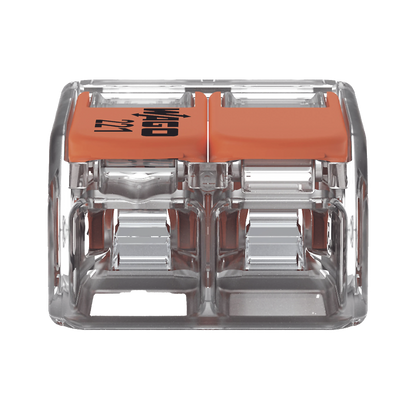 Borna de Conexión / Serie 221 / Palancas Naranja / 2 Conductores 4 mm² / Carcasa Transparente / 300V 20A / T85 / UL ENEC Certificado