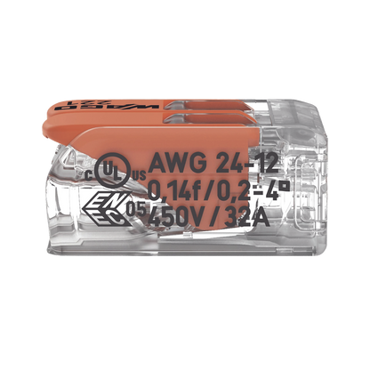 Borna de Conexión / Serie 221 / Palancas Naranja / 2 Conductores 4 mm² / Carcasa Transparente / 300V 20A / T85 / UL ENEC Certificado
