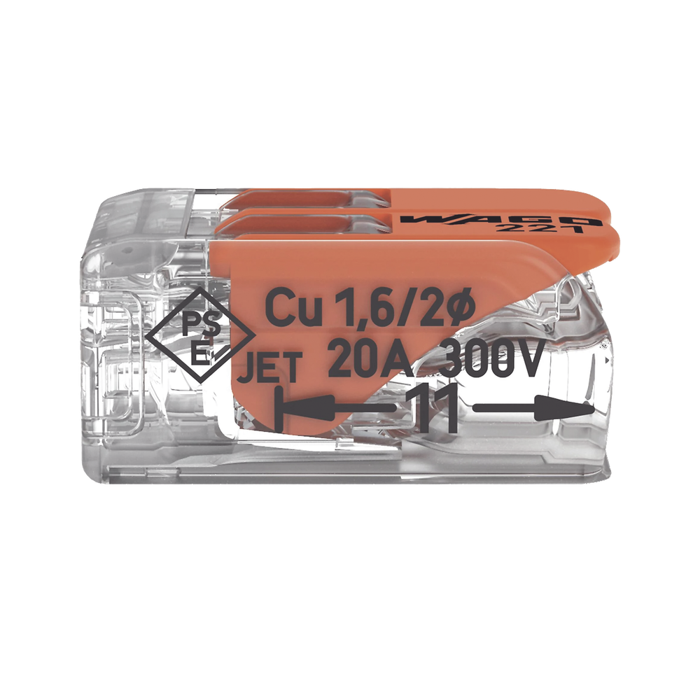 Borna de Conexión / Serie 221 / Palancas Naranja / 2 Conductores 4 mm² / Carcasa Transparente / 300V 20A / T85 / UL ENEC Certificado