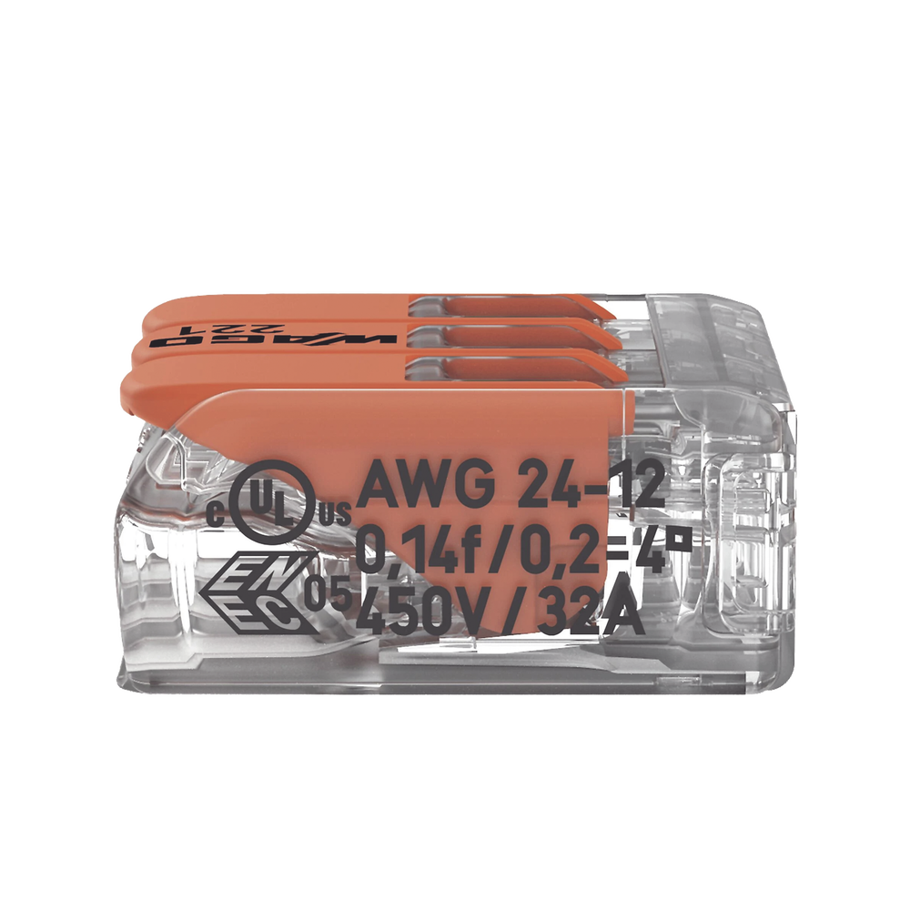 Borne de Conexión con Palancas / 3 Conductores / Carcasa Transparente / Tecnología CAGE CLAMP® / 4 mm² (12 AWG) / 450V 32A / T85