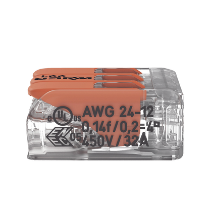 Borne de Conexión con Palancas / 3 Conductores / Carcasa Transparente / Tecnología CAGE CLAMP® / 4 mm² (12 AWG) / 450V 32A / T85