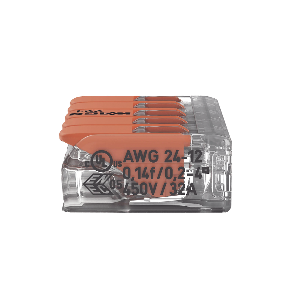 Borna de Conexión / 5 Conductores / 4 mm² Máximo / Palanca Naranja / Transparente / 32A 450V / UL JET ENEC / CAGE CLAMP® / T85