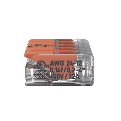 Borna de Conexión / 5 Conductores / 4 mm² Máximo / Palanca Naranja / Transparente / 32A 450V / UL JET ENEC / CAGE CLAMP® / T85