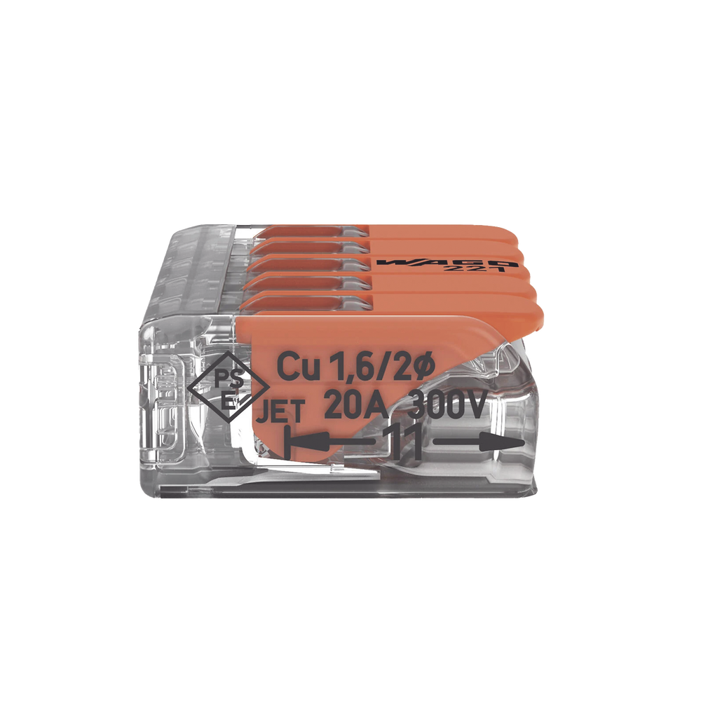 Borna de Conexión / 5 Conductores / 4 mm² Máximo / Palanca Naranja / Transparente / 32A 450V / UL JET ENEC / CAGE CLAMP® / T85