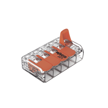 Borna de Conexión / 5 Conductores / 4 mm² Máximo / Palanca Naranja / Transparente / 32A 450V / UL JET ENEC / CAGE CLAMP® / T85