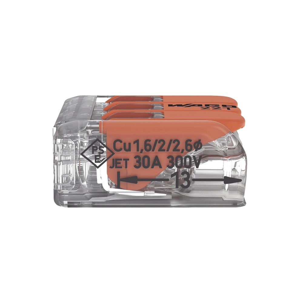 Borna de Conexión con Palancas / 3 Conductores / CAGE CLAMP® / 6 mm² (10 AWG) Máximo / 32A 450V / Transparente / Palancas Naranja / TB85