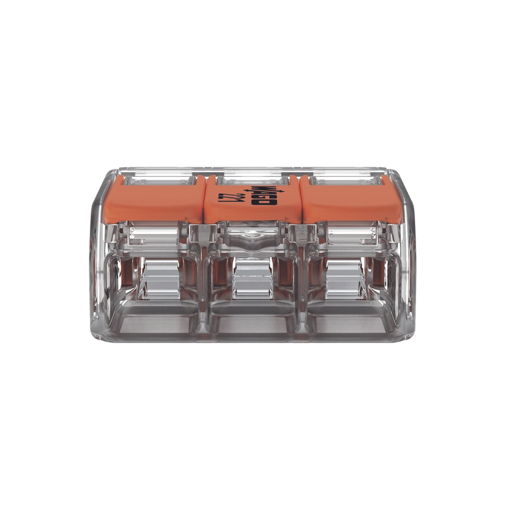 Borna de Conexión con Palancas / 3 Conductores / CAGE CLAMP® / 6 mm² (10 AWG) Máximo / 32A 450V / Transparente / Palancas Naranja / TB85