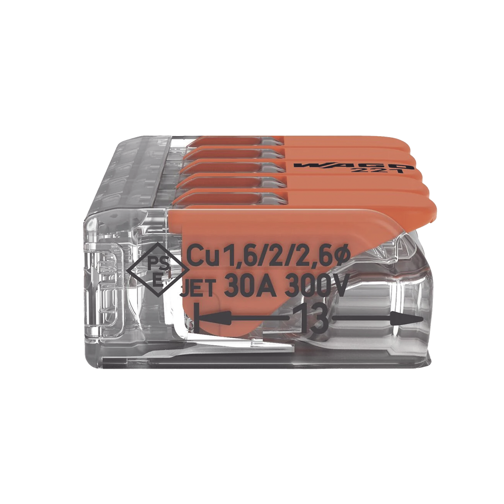 Conector Eléctrico / Borna de Conexión con Palancas / 5 Puntos / 6 mm² Máximo / 30A 450V / Transparente / CAGE CLAMP® / UL-ENEC-CB