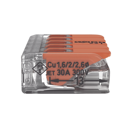 Conector Eléctrico / Borna de Conexión con Palancas / 5 Puntos / 6 mm² Máximo / 30A 450V / Transparente / CAGE CLAMP® / UL-ENEC-CB