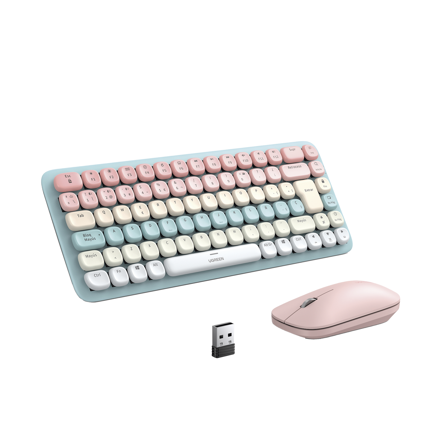 Paquete de Teclado y Mouse | 85 teclas en Español | Bluetooth y 2.4GHz |  Mouse Ambidiestro  | Sensor de DPI ajustable | Efectos de Iluminación del Teclado | Amplia compatibilidad | Color Rosa.