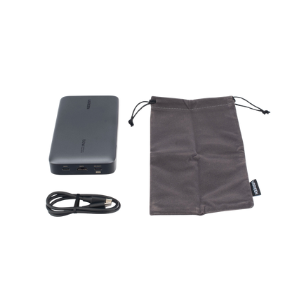 Power Bank de 20000mAh | 3 Salidas 100W Max. | USB-A + 2 USB-C | PD 3.0 | QC3.0 | FCP | SCP | Pantalla Inteligente | Carcasa Ignifuga | Color Gris | Incluye Cable USB de 50cm | Carga tu Laptop de Manera Segura.