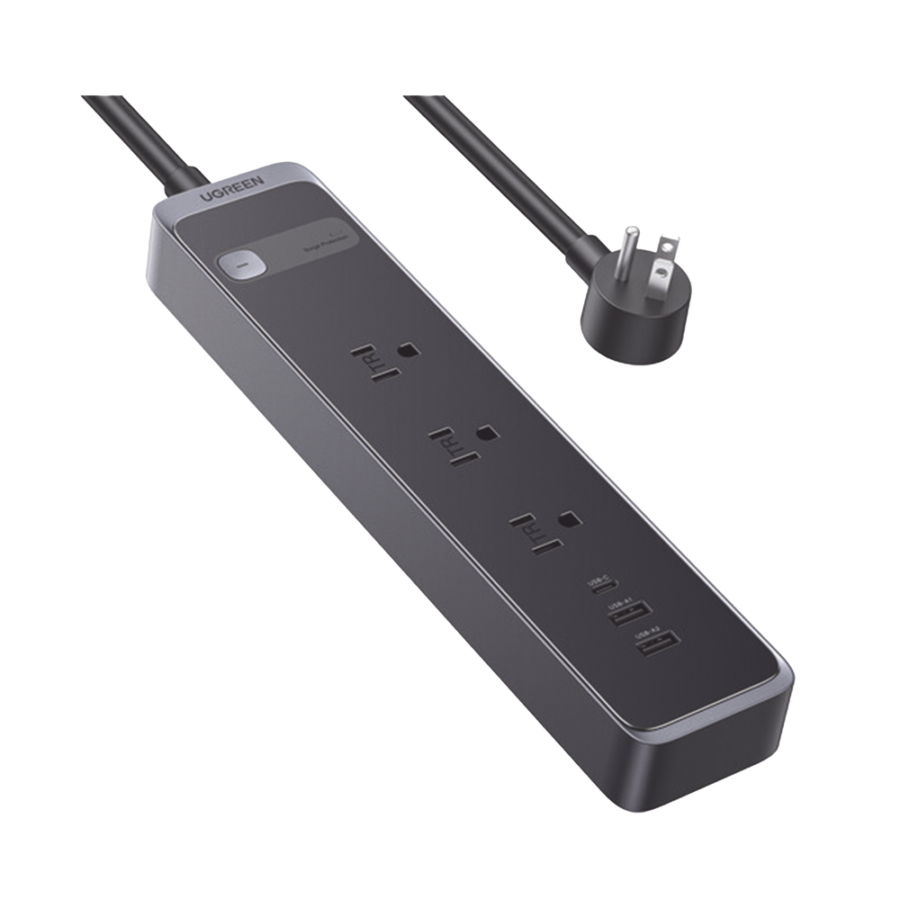 Regleta con Protector Contra Sobretensiones | 3 Salidas de CA NEMA 5-15R | 1 Salida USB-C PD de 30 W | 2 Puertos USB-A | Protección Contra Sobretensiones de 1600 julios | Cable 1.8m | Color Negro.