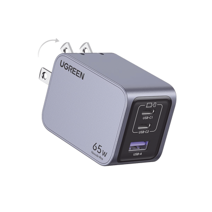 Cargador de 65W serie Nexode Pro | 3 Puertos de Carga Rápida | 2 USB-C | 1 USB-A | Tecnología GaNInfinity | PD3.1 de 65W / QC4.0 | Tecnología de Protección Térmica | Optimiza la Carga | Caja de Aluminio | Incluye Cable U