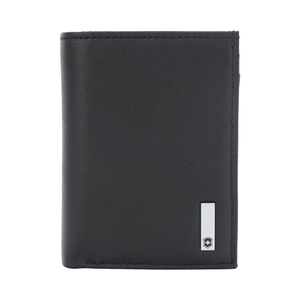 Cartera Athens Negra de Piel con Compartimento de Micromalla para ID. Doblable en 3 Partes con Divisor de Billetes. Pocket Wallet