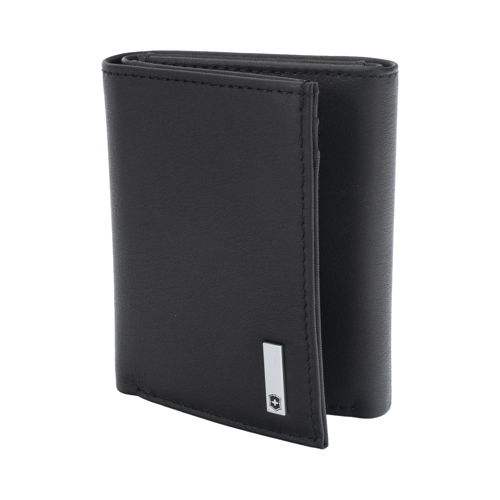 Cartera Athens Negra de Piel con Compartimento de Micromalla para ID. Doblable en 3 Partes con Divisor de Billetes. Pocket Wallet