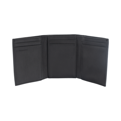 Cartera Athens Negra de Piel con Compartimento de Micromalla para ID. Doblable en 3 Partes con Divisor de Billetes. Pocket Wallet