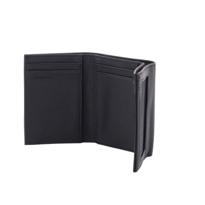 Cartera Athens Negra de Piel con Compartimento de Micromalla para ID. Doblable en 3 Partes con Divisor de Billetes. Pocket Wallet