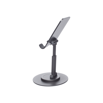Soporte para Teléfono Celular Giratorio | 360° de Rotación | Angulo Ajustable | Altura Ajustable 17-20cm  | Antideslizante | Ejes Giratorios de Alta Precisión| Plegable | Aluminio | Color Gris