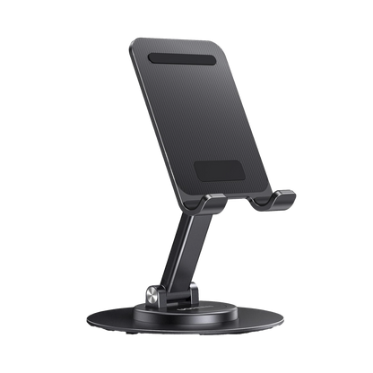 Soporte para Teléfono Celular Giratorio | 360° de Rotación | Angulo Ajustable | Altura Ajustable 17-20cm  | Antideslizante | Ejes Giratorios de Alta Precisión| Plegable | Aluminio | Color Gris