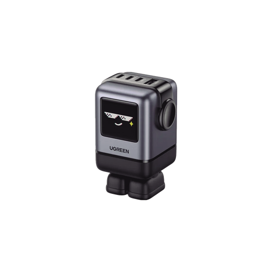 Cargador RobotGaN de 100W Serie UNO | 4 Puertos de Carga Rápida | 3 USB-C | 1 USB-A | PD 3.0 | QC 4.0 | Carga Inteligente | Tecnología GaN II | Zapato Magnético Extraíble | Carcasa Ignífuga | Pantalla LED