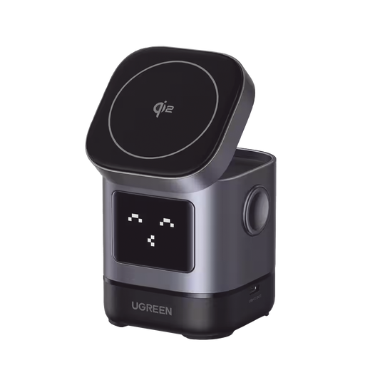 Cargador Inalámbrico Robot 2 en 1 UGREEN Qi2 / 15W Ultra Rápido para iPhone / 5W para AirPods / Pantalla Inteligente con Expresiones / Imanes N48H / Puerto USB-C 5W para Apple Watch / Compatibilidad MPP