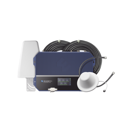 KIT Amplificador de señal celular 4G LTE, 3G y Voz. Especial para áreas comerciales que reciben la señal de múltiples torres. Cubre áreas de hasta 3716 metros cuadrados.