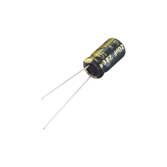 Capacitor Electrolítico Radial en Aluminio de 220 µFd, 16 Volt, 20%, 6.3 x 11 mm.