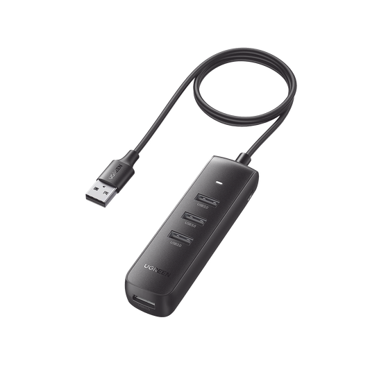 HUB USB-A Multipuertos / 4 Puertos USB 3.0 (5Gbps) / Cable de 1 Metro / Indicador Led / Ideal para Transferencia de Datos / Entrada Tipo C para alimentar equipos de mayor consumo como discos duros / Color Negro / 4 en 1.