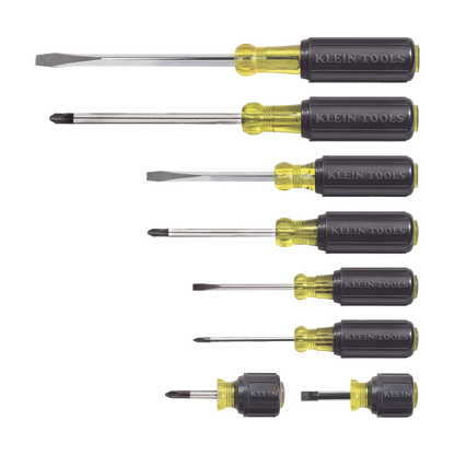 Juego de 8 Desarmadores con Mango Cushion-Grip™: 2 de punta Plana de 1/4'' (6.4 mm) y 5/16'' (7.9 mm); 2 de punta Cabinet de 5/16'' (7.9 mm) y 3/16'' (4.8 mm); tres de punta Phillips n.º 1, n.º 2 y n