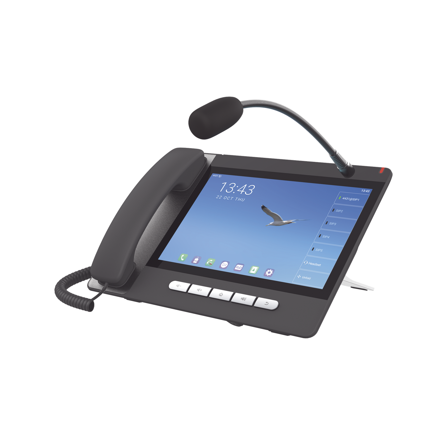 Teléfono IP  Android 9.0 Empresarial para 20 líneas SIP, pantalla táctil, Wi-Fi y Bluetooth, PoE, hasta 112 botones DSS, puertos Gigabit, soporta recepción de video.