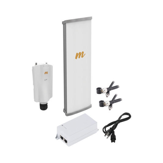 Kit de radio A5x con antena N545X4, 4.9 a 6.4 GHz, 700 Mbps, hasta 64 usuarios concurrentes,  Monitoreo a travez de la nube, incluye jumper, PoE24V, cable de alimentación y montaje
