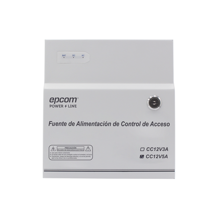 Fuente de Poder / 1 Salida 11-15 Vcc /  5 A / Temporizador Integrado / Con Capacidad de Batería de Respaldo / Requiere Batería / Aplicaciones en sistemas de control de Acceso