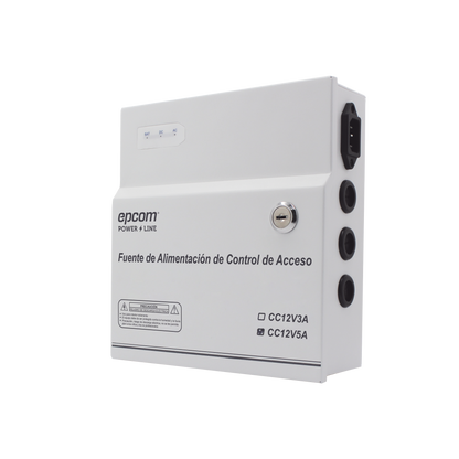 Fuente de Poder / 1 Salida 11-15 Vcc /  5 A / Temporizador Integrado / Con Capacidad de Batería de Respaldo / Requiere Batería / Aplicaciones en sistemas de control de Acceso