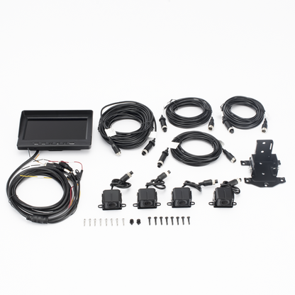 Sistema de Monitoreo Local / 4 Cámaras 1080p para Exterior (IP68) y Pantalla LCD de 7" a Color / Memoria Micro SD de 64 GB (Expandible a 512 GB) / Soporta Cambio de Cámara al Dar Reversa al Vehiculo / Accesorios de Instalación