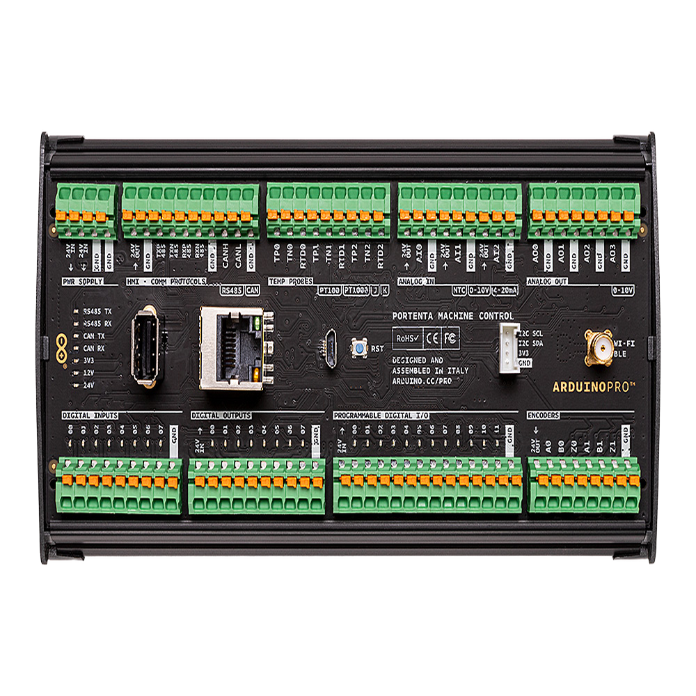 Controlador Industrial Arduino Portenta Machine Control / STM32H747XI Dual Cortex / 24V DC / 8 Entradas Digitales / 8 Salidas Digitales / 12 I/O Programables / 3 Entradas Analógicas / 4 Salidas Analógicas / 3 Canales Temperatura / CAN / Ethe
