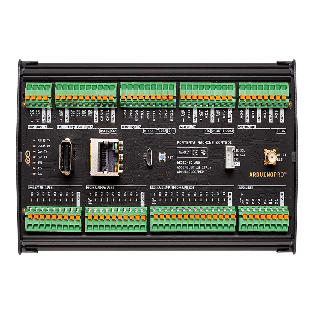 Controlador Industrial Arduino Portenta Machine Control / STM32H747XI Dual Cortex / 24V DC / 8 Entradas Digitales / 8 Salidas Digitales / 12 I/O Programables / 3 Entradas Analógicas / 4 Salidas Analógicas / 3 Canales Temperatura / CAN / Ethe