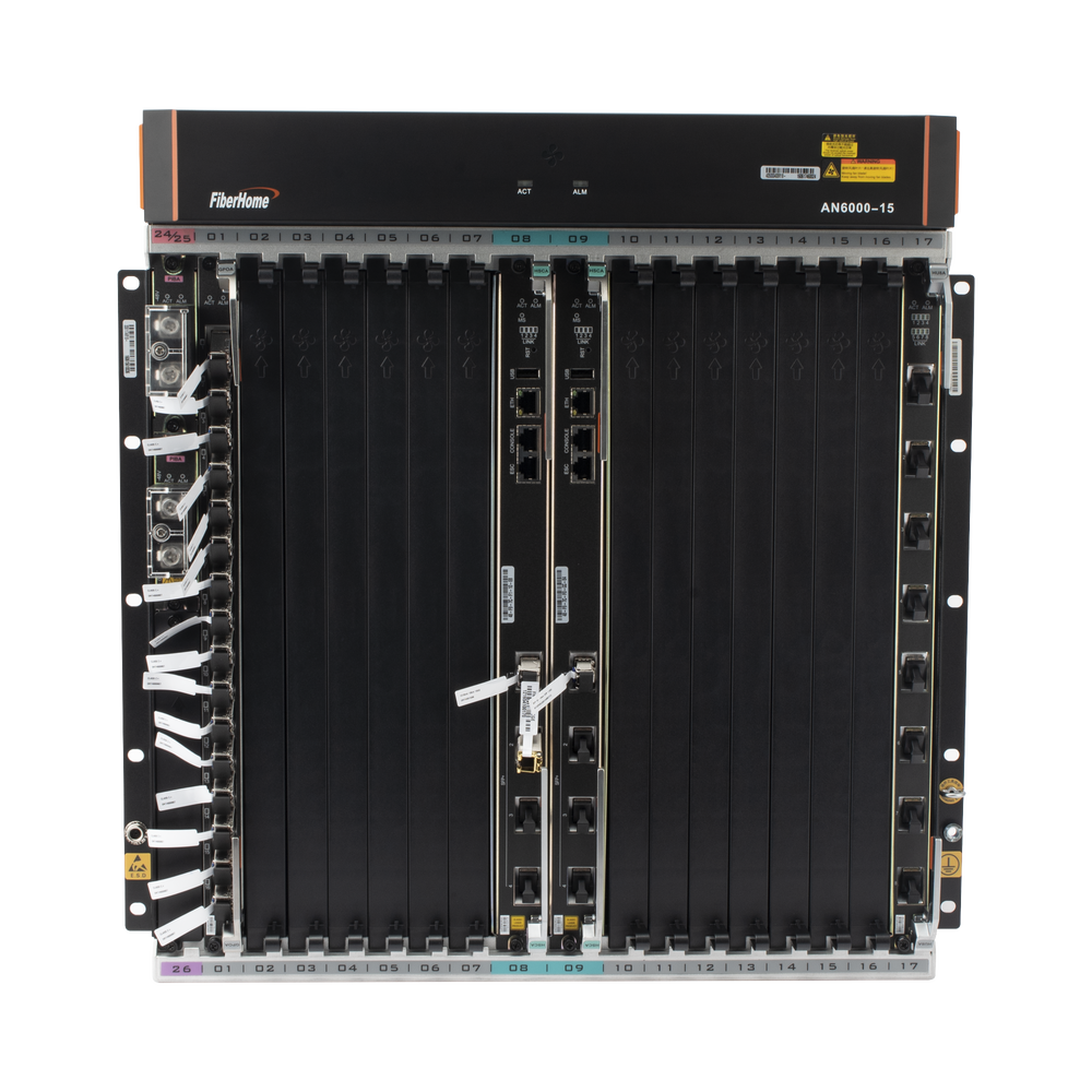 OLT Carrier Class Modular GPON, 14 Ranuras de Servicio, Incluye 1 Tarjeta de Servicio, Doble fuente -48Vcc, 11 UR, Gestión por UNM2000, CLI, Incluye Instalación de software UNM2000, (Interoperabilidad con ONU´s de Terceros sin Costo)
