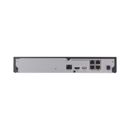 NVR 4 canales grabacion hasta 8MP / H.265, H.264 / P2P Wisenet / 4 puertos PoE Plug and play / soporta 1 disco duro (no incluido).