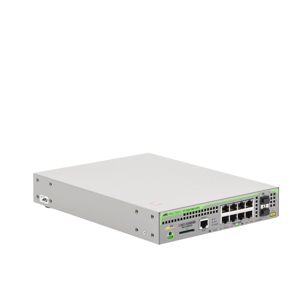 Switch PoE+ Administrable CentreCOM GS970M, Capa 3 de 8 Puertos 10/100/1000 Mbps + 2 SFP Gigabit, 124 W