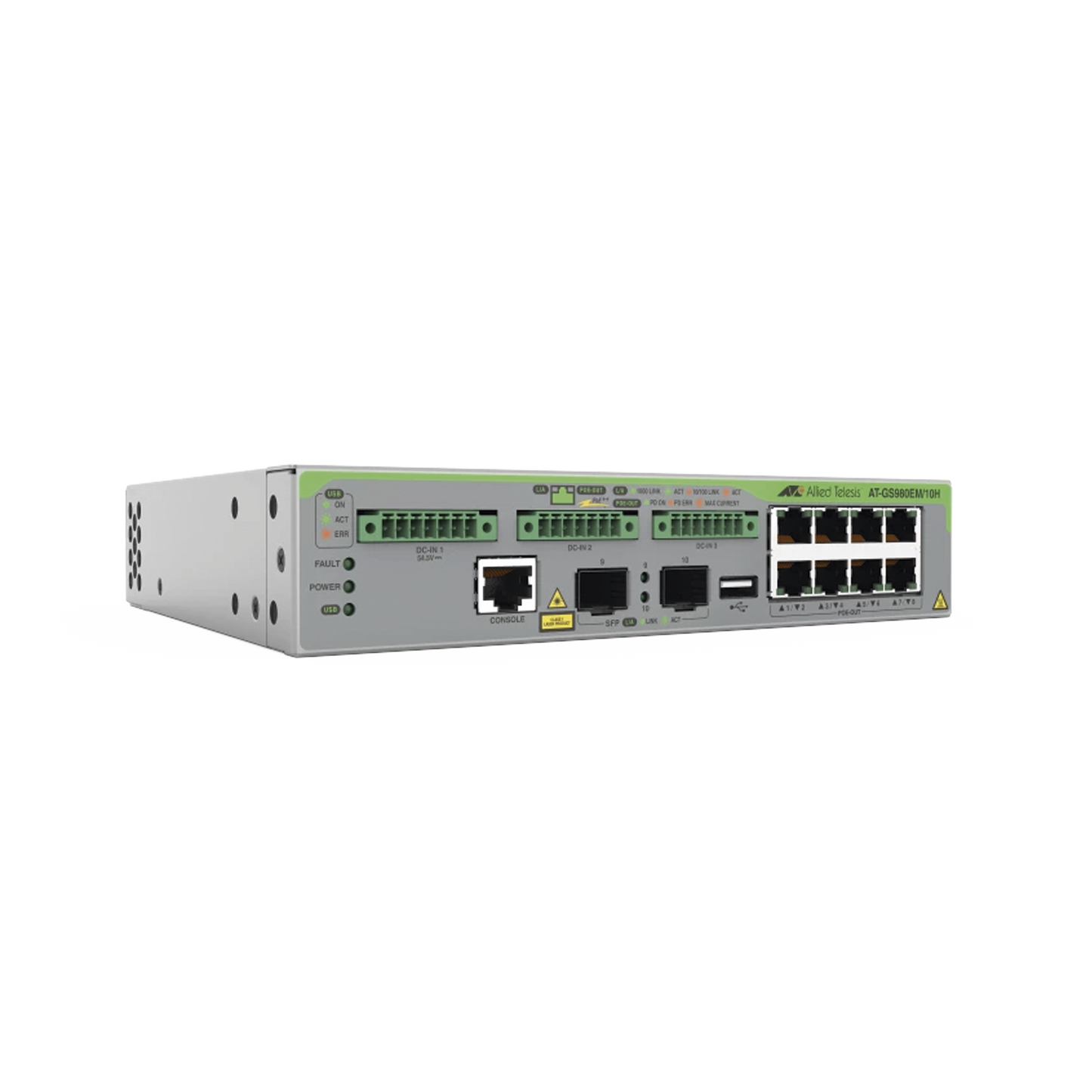 Switch Gigabit L3, 8 puertos 1000T PoE++, 2 puertos 100/1000X SFP, 3 puertos entrada DC