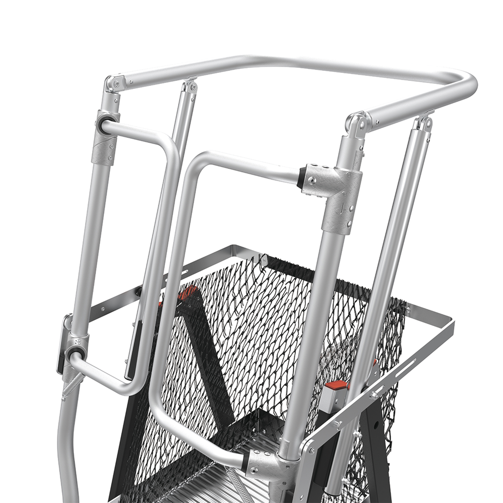 Escalera de Fibra de Vidrio  con Jaula de 8'-14' (2.44 - 4.27 m). Con Ajuste en Ruedas (RATCHET™ Leveler) (SKU:18515-817).