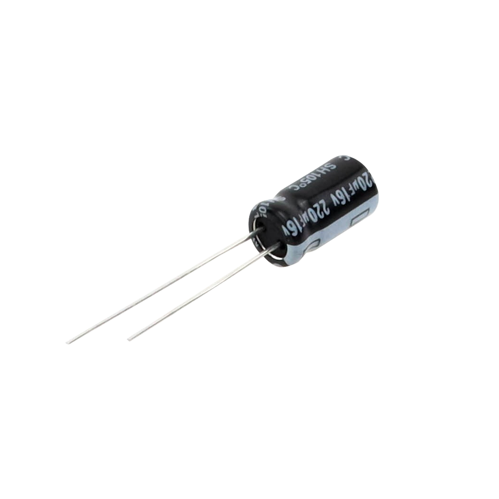 Capacitor Electrolítico en Aluminio, Radial de 220 µFd, 16 Vcc, 105 °C, 6.3 x 11 mm.