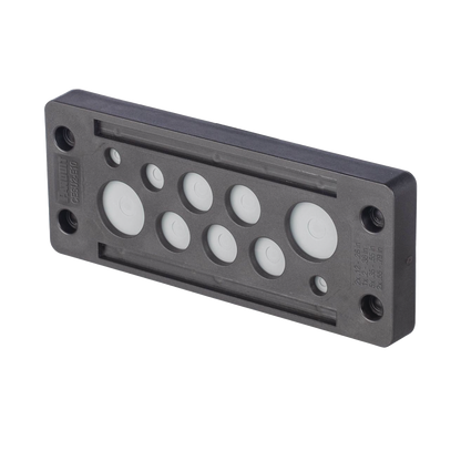 Pasacable de 10 Orificios de Marco Rectangular, IP65, 4.41" X 1.42", para Cables no Terminados, Color Negro.