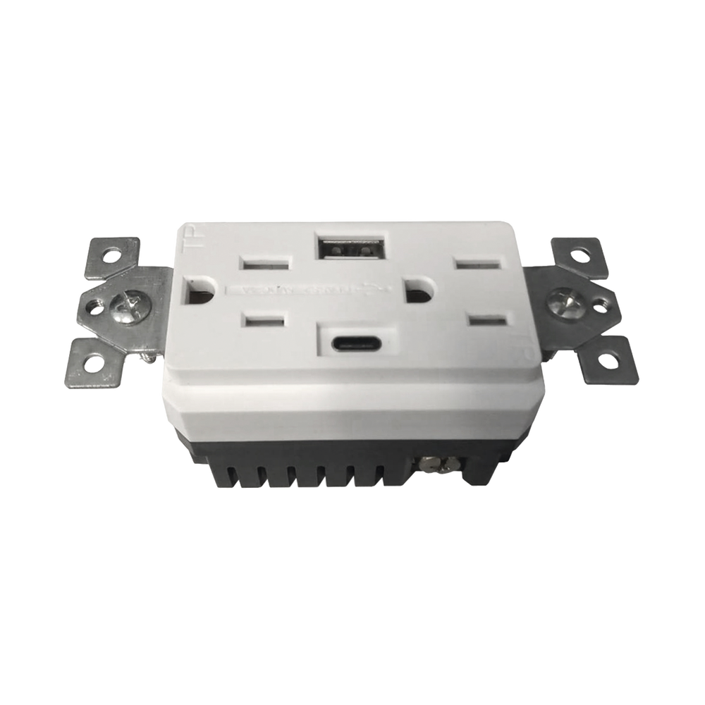 Contacto Dúplex con puertos USB Tipo A y C, 15 A, 100 - 240 V, USB 5 V, Incluye la Placa.