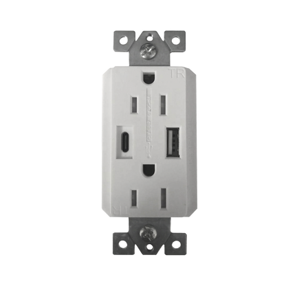 Contacto Dúplex con puertos USB Tipo A y C, 15 A, 100 - 240 V, USB 5 V, Incluye la Placa.