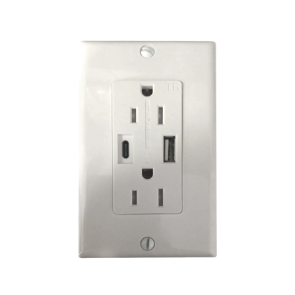 Contacto Dúplex con puertos USB Tipo A y C, 15 A, 100 - 240 V, USB 5 V, Incluye la Placa.