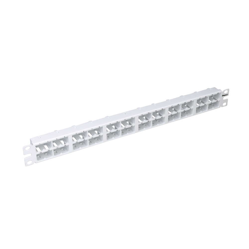 Panel de Parcheo Modular Mini-Com (Sin Conectores), Plano, Sin Blindaje, Alta Densidad, de 48 Puertos, Color Blanco, 1 UR