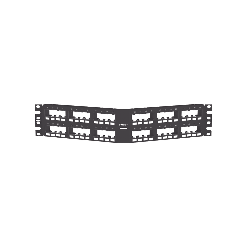 Panel de Parcheo Modular Mini-Com (Sin Conectores), Angulado Instalación la Ras, Sin Blindaje, de 48 Puertos, 2UR
